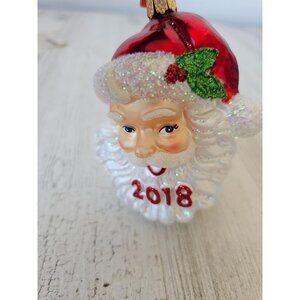 Old world nostalgic Santa bust beard glass ornament Xmas glitter tree red